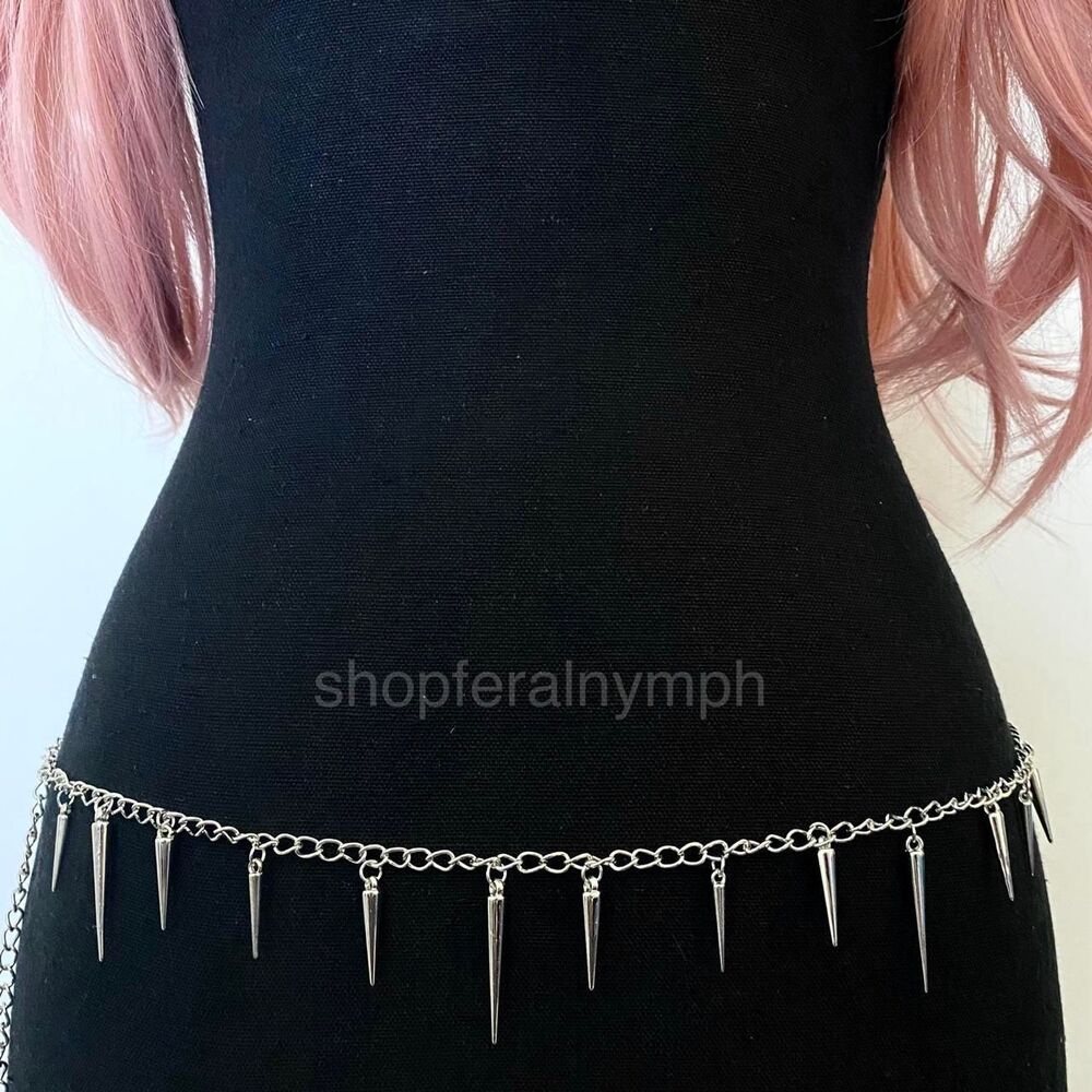 Silver Y2K Punk Spike Draped Waist Chain Belt, Fits 20 to 40 Inches, X7GA1439